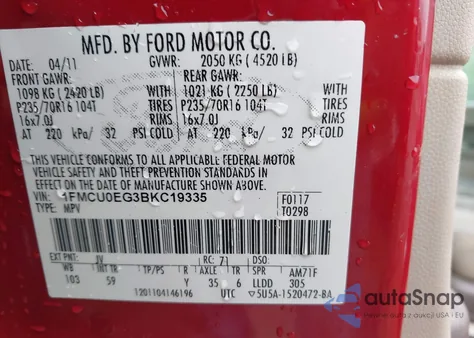 2011 Ford Escape Xlt z USA, uszkodzony, nr VIN 1FMCU9DG6BKB81928